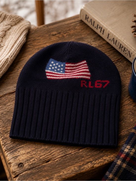 Polo Ralph Lauren Navy Blue Wool American Flag RL\'67 Ribbed Knit Beanie Hat